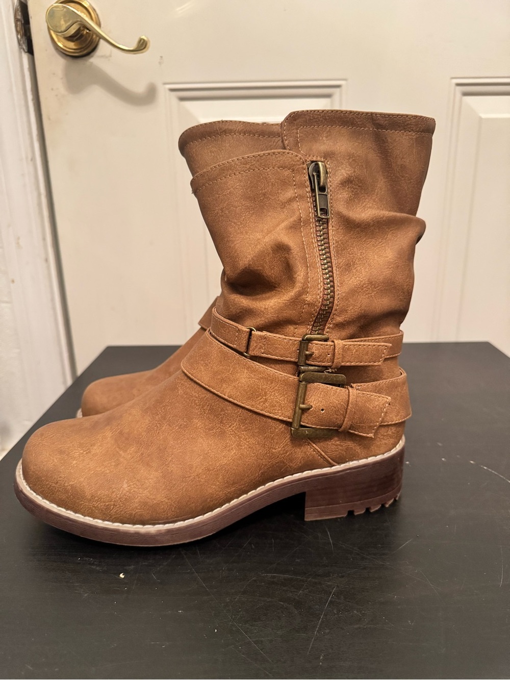 Torrid Slouch Buckle Moto Boots Booties 10 Wide Tan Brown NWOB